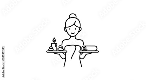 Spa Therapist Holding Tray with Candle, Stones, and Rolled Towel