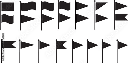 Set of flag icons in various shapes and forms, including rectangle, wavy, pennant, and swallowtail designs on transparent background