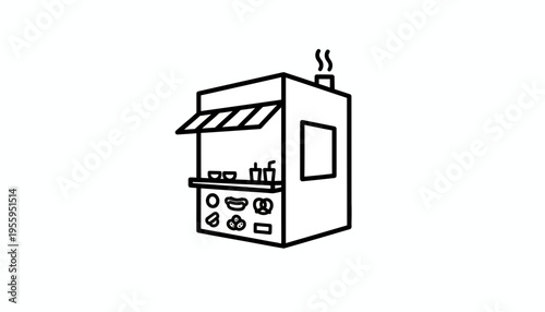 Street food kiosk, hot dog stand, fast food cart, simple line art icon