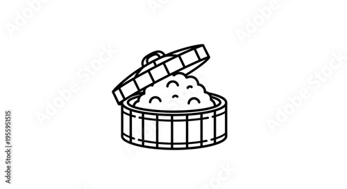 Steaming Bamboo Rice Cooker with Lid Ajar, Asian Cuisine Ingredient