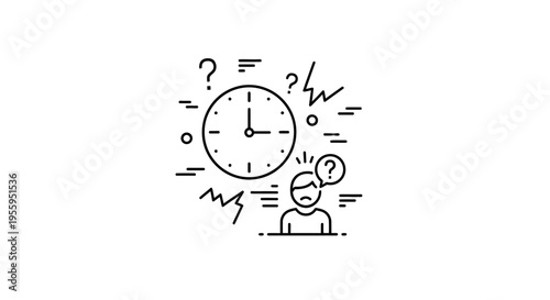 Stressful deadline, time pressure, anxiety, clock, question marks, confused person icon