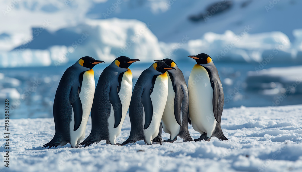 Obraz premium Emperor penguin group on icy shore penguin Antarctic snow ice colony winter ocean cold