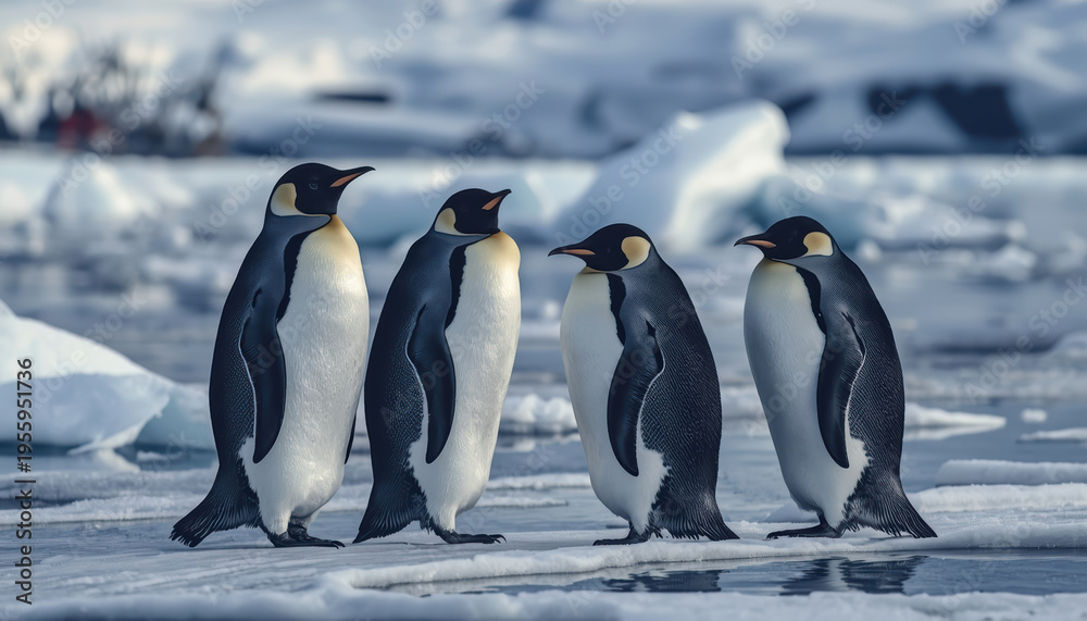 Obraz premium Emperor penguin group on icy Antarctic shore with serene cold light and distant ice