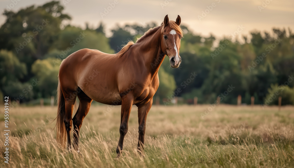 Fototapeta premium Chestnut horse standing calmly in meadow during soft evening light