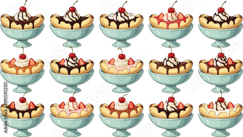 Vector illustration set of fifteen banana split ice cream desserts with various toppings chocolate syrup whipped cream and cherries in glass bowls isolated