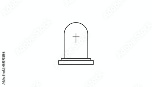 Simple Line Art Icon of a Tombstone with a Cross, Gravestone Symbol