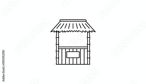 Simple Line Art Icon of a Tropical Hut with Thatch Roof and Bamboo Walls