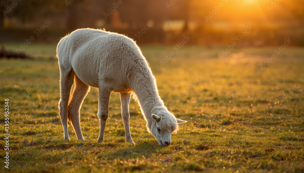 Obraz premium Gentle white llama grazing in golden hour meadow at sunset with warm backlight
