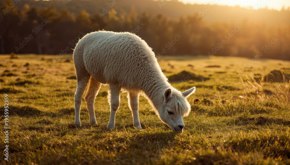 Obraz premium White alpaca grazing in sunlit meadow at golden hour with warm backlight