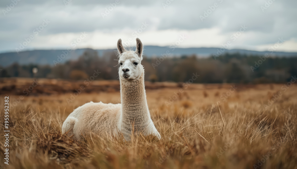 Obraz premium White llama resting in grassy field with moody sky and distant hills
