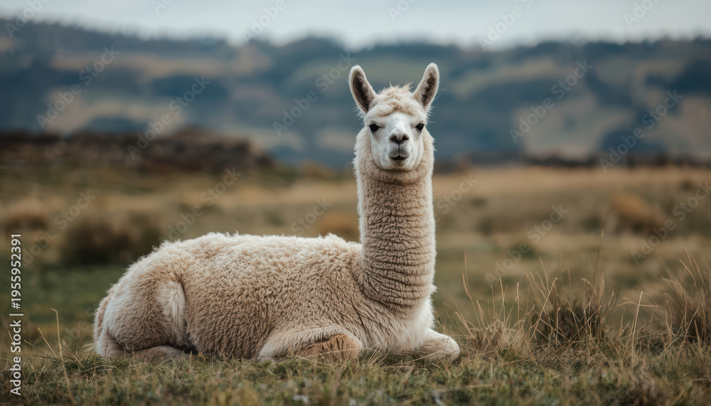 Naklejka premium White alpaca resting in grassy field with calm landscape and soft overcast light