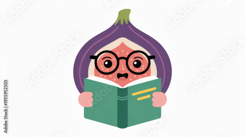 Cartoon eggplant character reading a book with glasses on a white background symbolizing learning and hobbies