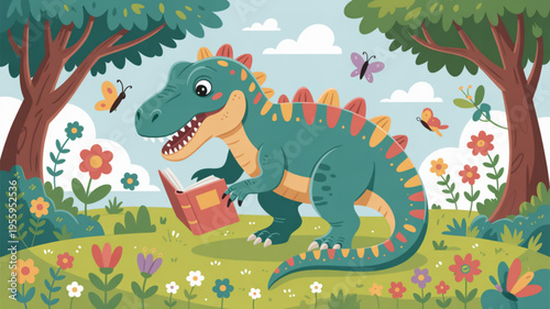 Colorful dinosaur reading book in beautiful garden with flowers trees butterflies