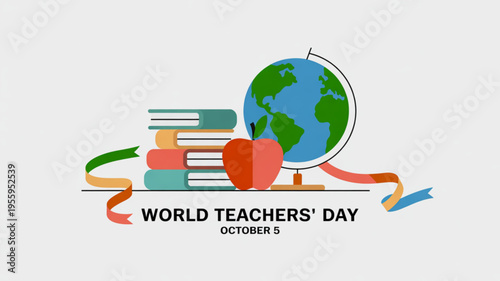 World teachers' day october 5th celebration graphic with globe books and apple