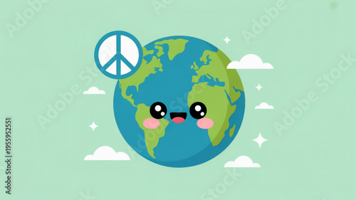 Cartoon earth with peace sign and cute face in green background with clouds