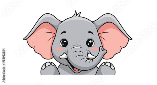 Cartoon illustration of a smiling elephant with large pink ears on a white background.