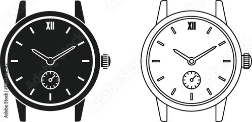 Black and white watches with roman numerals and minimalist design Vector