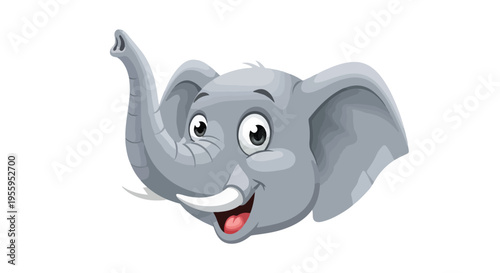 Cartoon illustration of a smiling elephant head with a raised trunk on a white background.