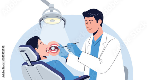 Dentist examining a patient's mouth with a dental tool in a clinical setting.