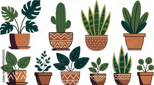 Vector illustration set of ten diverse indoor houseplant varieties in decorative brown pots including monstera cactus and snake plants for home interior decor