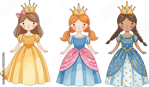 Vector illustration set of three cute diverse princess characters in sparkling ball gowns with gold crowns for children fairytale invitations and nursery branding
