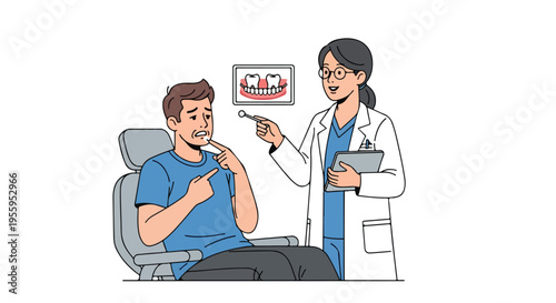 A male patient sits in a chair while a female dentist points at an X-ray image with a tool, both wearing casual and medical attire respectively on a clean white background.