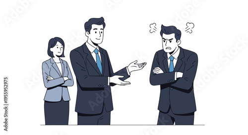 Illustration of three business professionals standing in a line, two men in conversation with one appearing frustrated and another listening, while a woman stands with arms crossed, on a