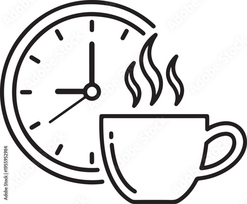 Coffee break time concept line art illustration featuring wall clock and steaming hot mug of caffeinated beverage for daily work schedule