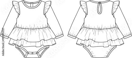 Vector line art illustration of a baby girl long sleeve ruffle romper bodysuit with tiered frills and snap closures from front and back views