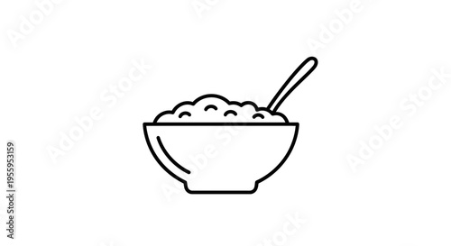 Simple line art icon of a bowl of cereal with a spoon, isolated on white background