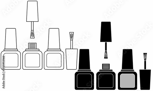 Nail polish also known as nail varnish or nail enamel bottle icon set. illustration vector in outline and silhouette. isolated white background