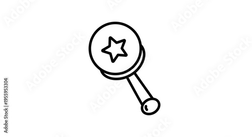 Simple Line Art Icon of a Rattle Toy with a Star