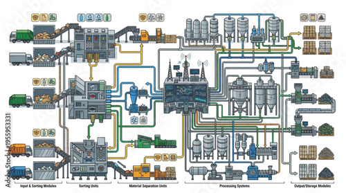 Industrial process diagram with machinery and piping.