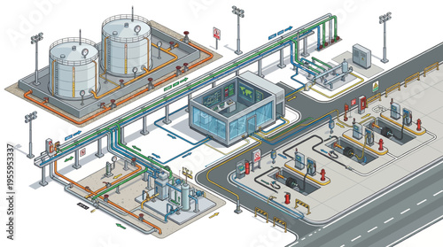 Industrial facility with storage tanks and machinery.