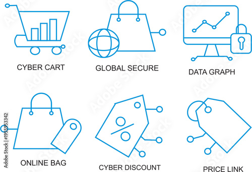 Six modern light blue line art icons for e-commerce, showcasing secure online shopping, data analytics, global transactions, discounts, and pricing, for digital marketing