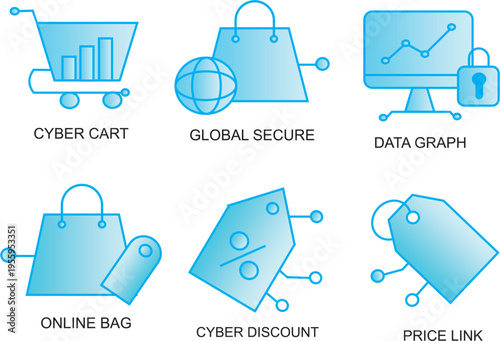 Set of 6 light blue gradient cyber cart icons for online shopping, global commerce, data analysis, discounts, and pricing