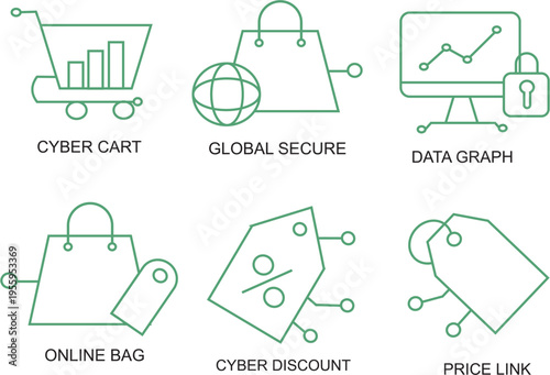 Six modern green line art icons for e-commerce, showcasing secure online shopping, data analytics, global transactions, discounts, and pricing, for digital marketing