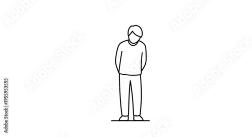 Sad Man Standing Alone, Head Down, Feeling Depressed, Loneliness, Minimalist Line Art