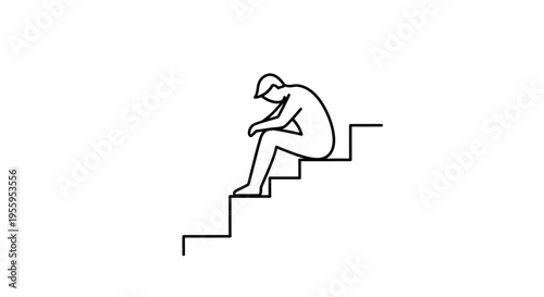 Sad Man Sitting Alone on Stairs, Feeling Depressed and Lonely
