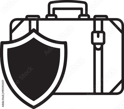 Durable suitcase protected by shield symbol representing travel insurance security safety protection for belongings luggage business trips vacation