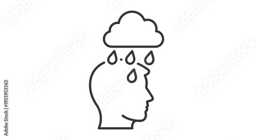 Sadness and depression concept, rain cloud over human head silhouette, mental health icon