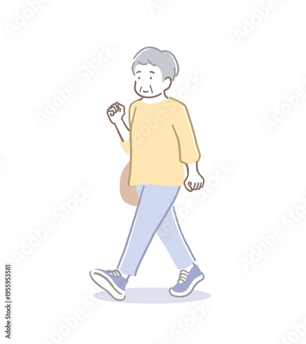 姿勢よく歩くシニア女性のイラスト素材