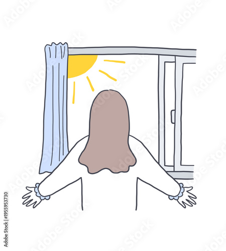 窓際で日光を浴びて深呼吸をしている後ろ姿の女性のイラスト素材