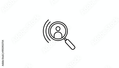 Magnifying glass over person icon with signal waves, concept of search, tracking, and online presence
