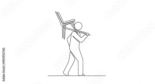 Man Carrying Chair on Shoulder, Minimalist Line Art, Moving, Relocation Concept
