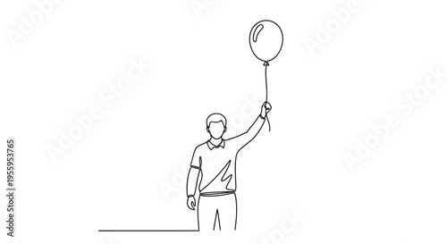 Man Holding a Balloon, Minimalist Line Art, Symbol of Freedom and Dreams