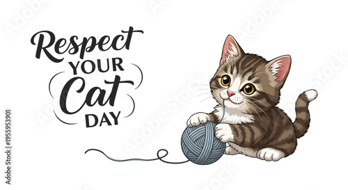 An adorable brown and white tabby cat plays with a ball of yarn next to a Respect Your Cat Day typographic design on a clean white background.