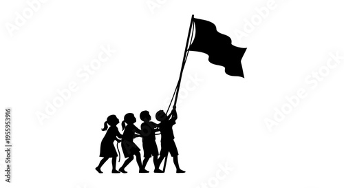 Silhouetted figures holding a flag together, symbolizing unity and collective effort.