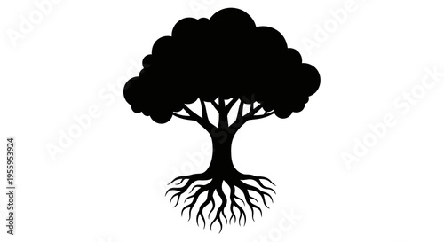 A silhouette of a tree with visible roots against a white background.