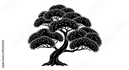 A simple black and white illustration of a tree with a twisted trunk.